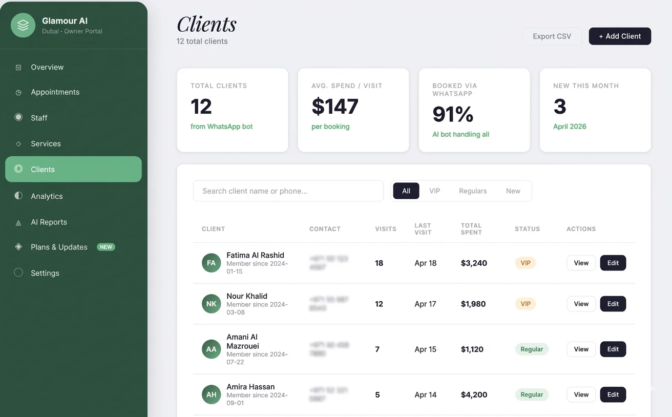 BookPilot clients CRM dashboard showing customer profiles